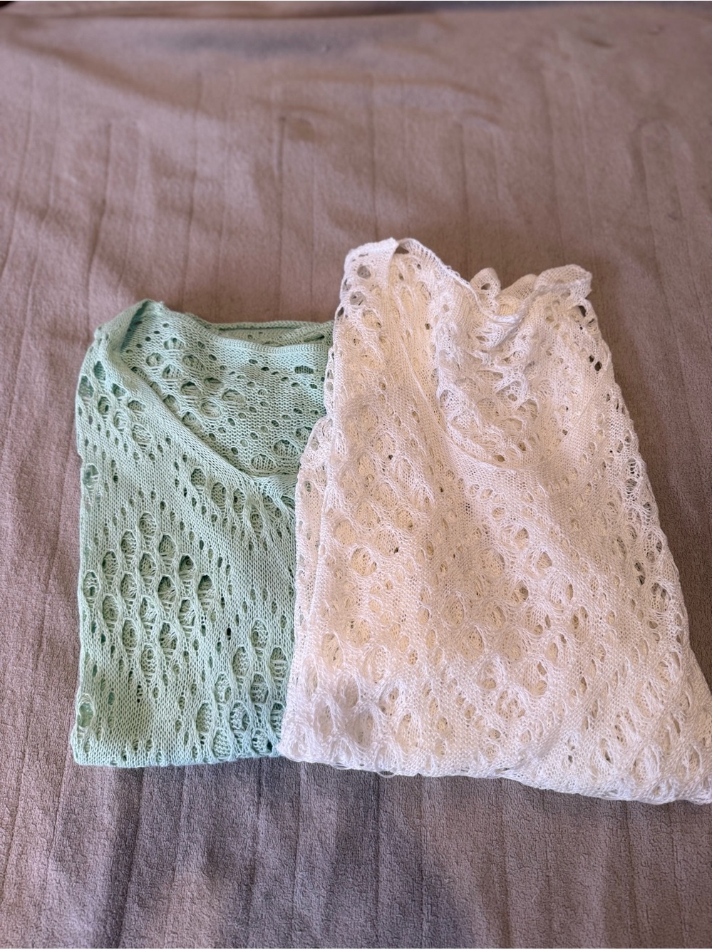 Light Green and White Open-Knit Sweaters for Layering